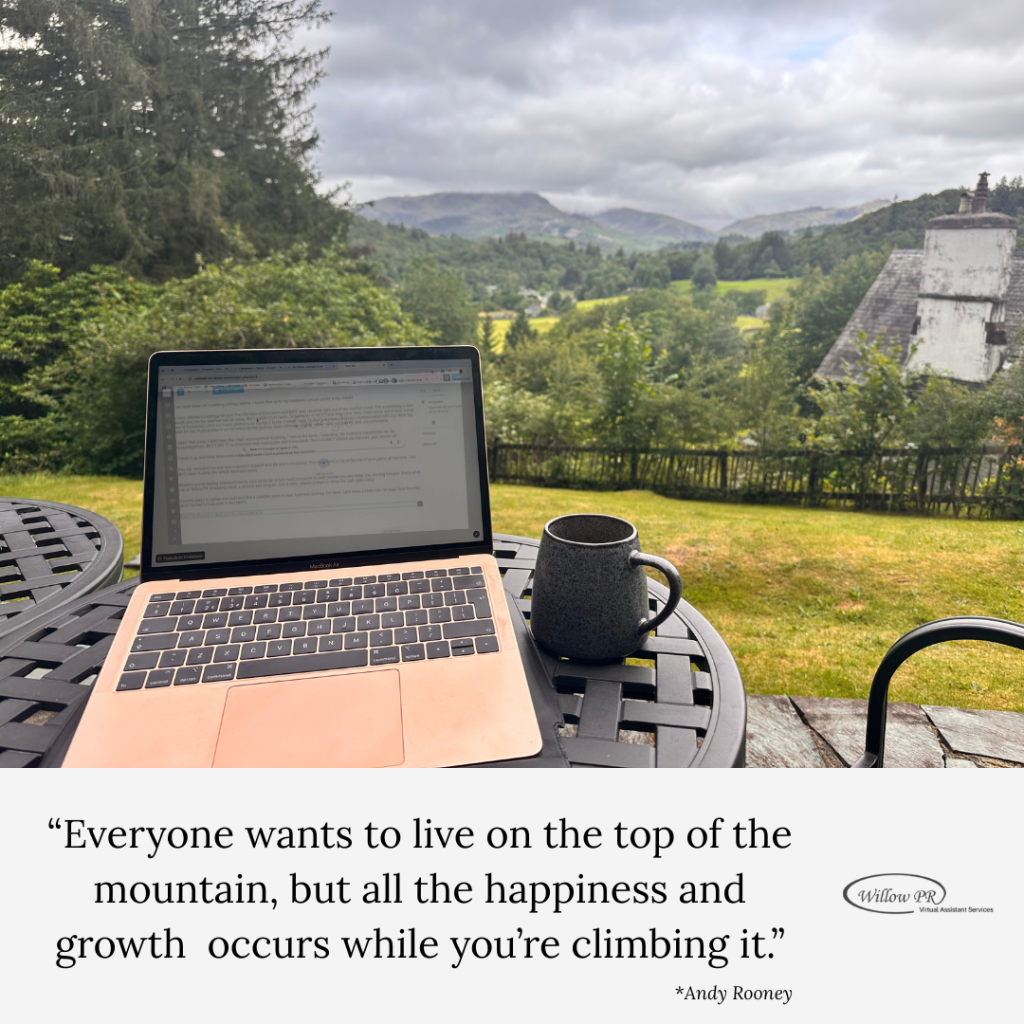 WillowPR at Loughriff Fell writing a blog on holiday